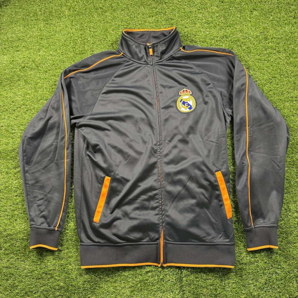 Real Madrid‎ Jacket Mens L Black Orange Track Full Zip Embroidered Shimmer Y2K